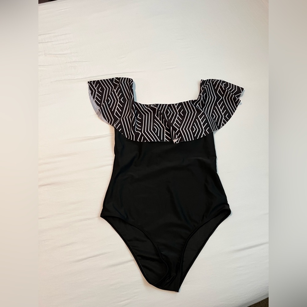 Black and White Off Shoulder Swimsuit